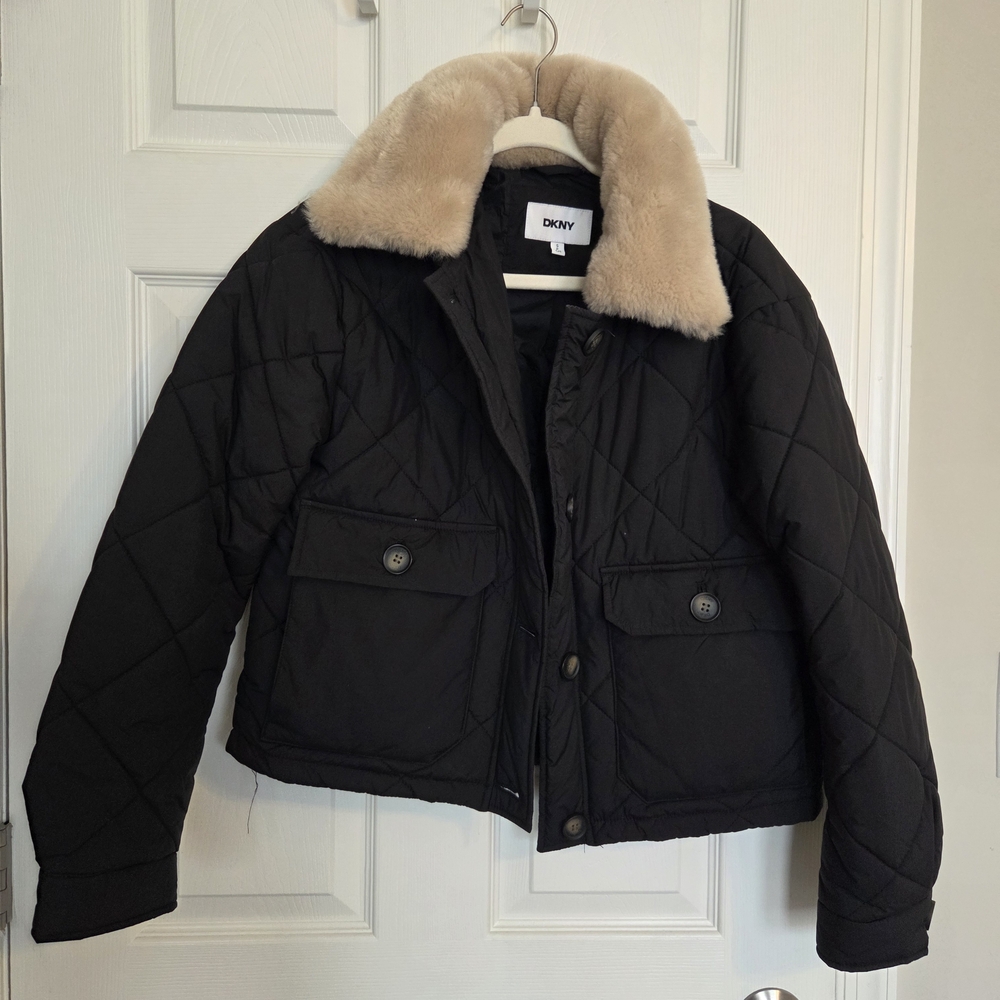 DKNY Black Quilted Jacket with Faux Fur Collar
